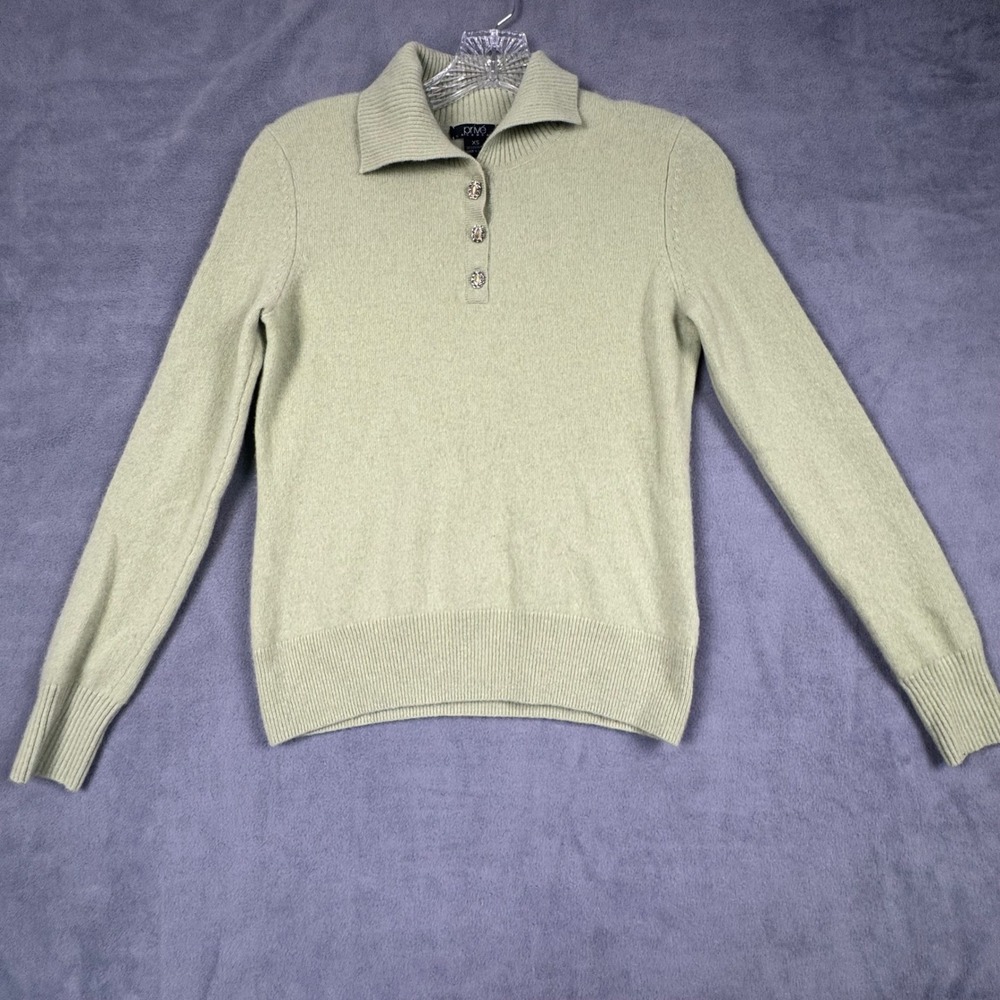 Prive Cashmere Sage Green Polo‎ Sweater Ornate Jeweled Buttons XS Luxury Soft